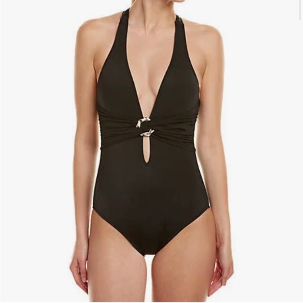 TRINA TURK Black and Gold Garden Party Crossback One Piece Swimsuit